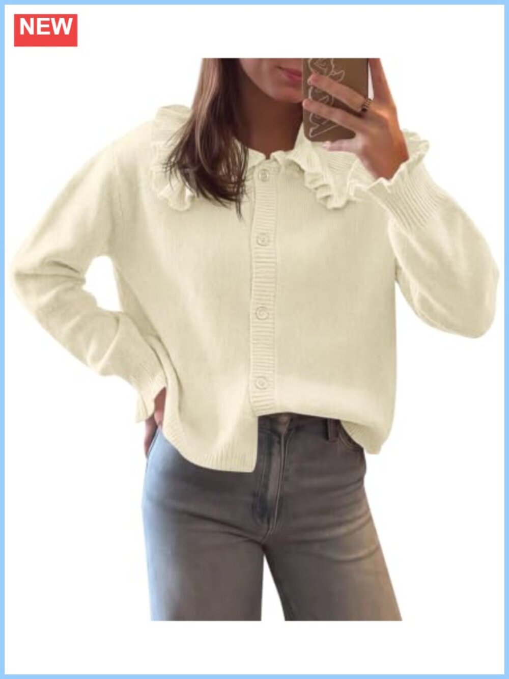 Womens Ruffle Button Down Cropped Cardigan Sweater Long Sleeve